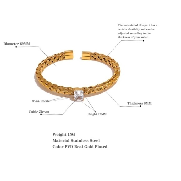 New Unique 18K Gold Woven Zircon Cuff Bracelet - Picture 6 of 13